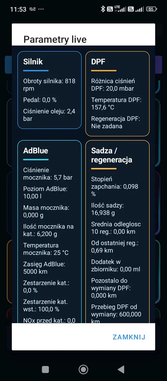Aplikacja diagnostyczna Citroen – parametry live silnika, DPF i AdBlue