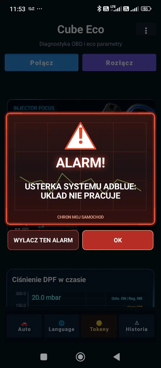 Alarm usterki systemu AdBlue w aplikacji diagnostycznej Peugeot
