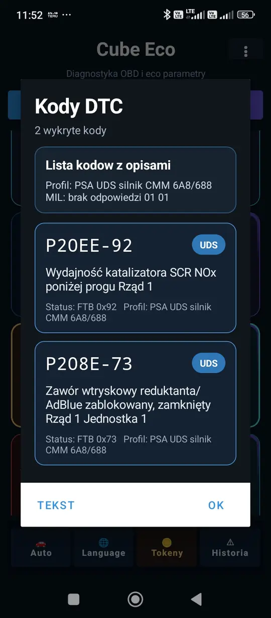 Aplikacja diagnostyczna Peugeot – odczyt kodów DTC P20EE i P208E układu AdBlue